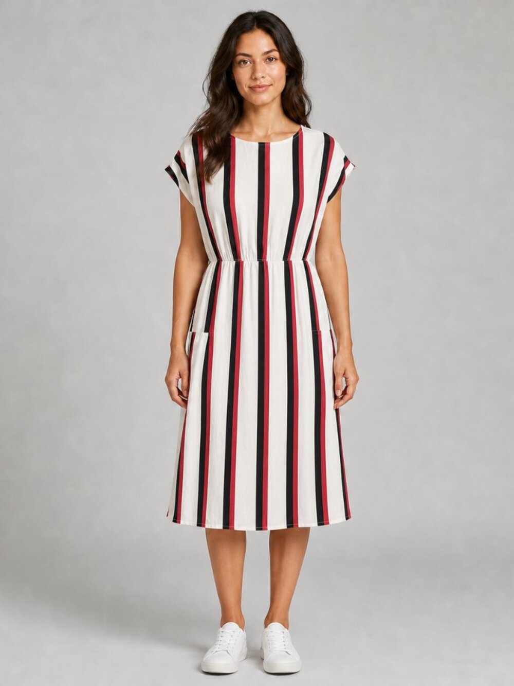 Who What Wear Women's Striped Midi Dress Size L Linen Blend Pockets